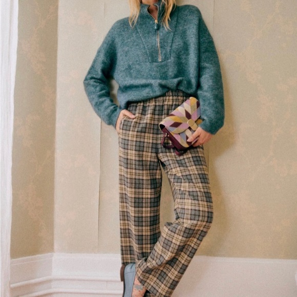 Sezane Pants - Sezane Cream and Brown Ankle Cropped Pants
